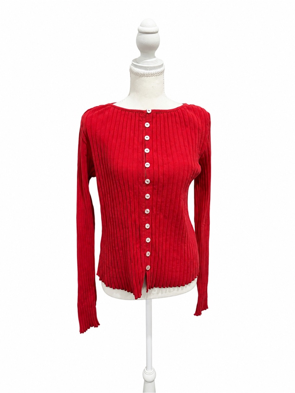 Free People Ribbed Button Front Long Sleeve Top Red XL Fitted Stretch Knit